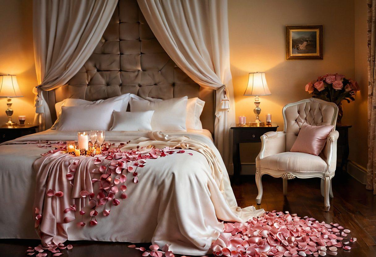 A beautifully arranged scene depicting a candle-lit romantic bedroom showcasing elegant intimate apparel delicately draped on a plush chair. Soft, warm lighting envelops the room, accentuating the sense of intimacy, with rose petals scattered on the bed and a bottle of champagne chilling nearby. A couple's silhouette can be seen in the background, conveying love and connection. dreamy atmosphere. vibrant colors. super-realistic.